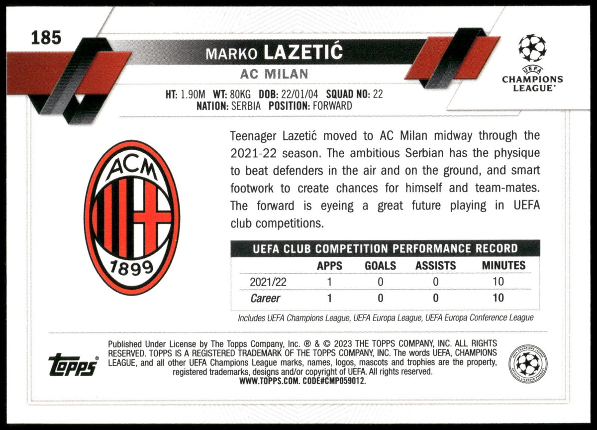 Marko Lazetić 2022-23 Topps UEFA Club Competitions 185 RC