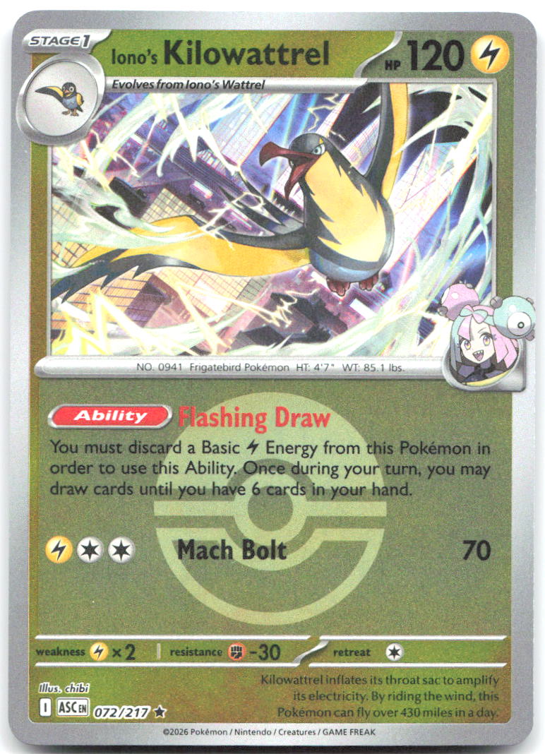 Iono's Kilowattrel (Poke Ball) ASC 072/217 Rare Reverse Holo