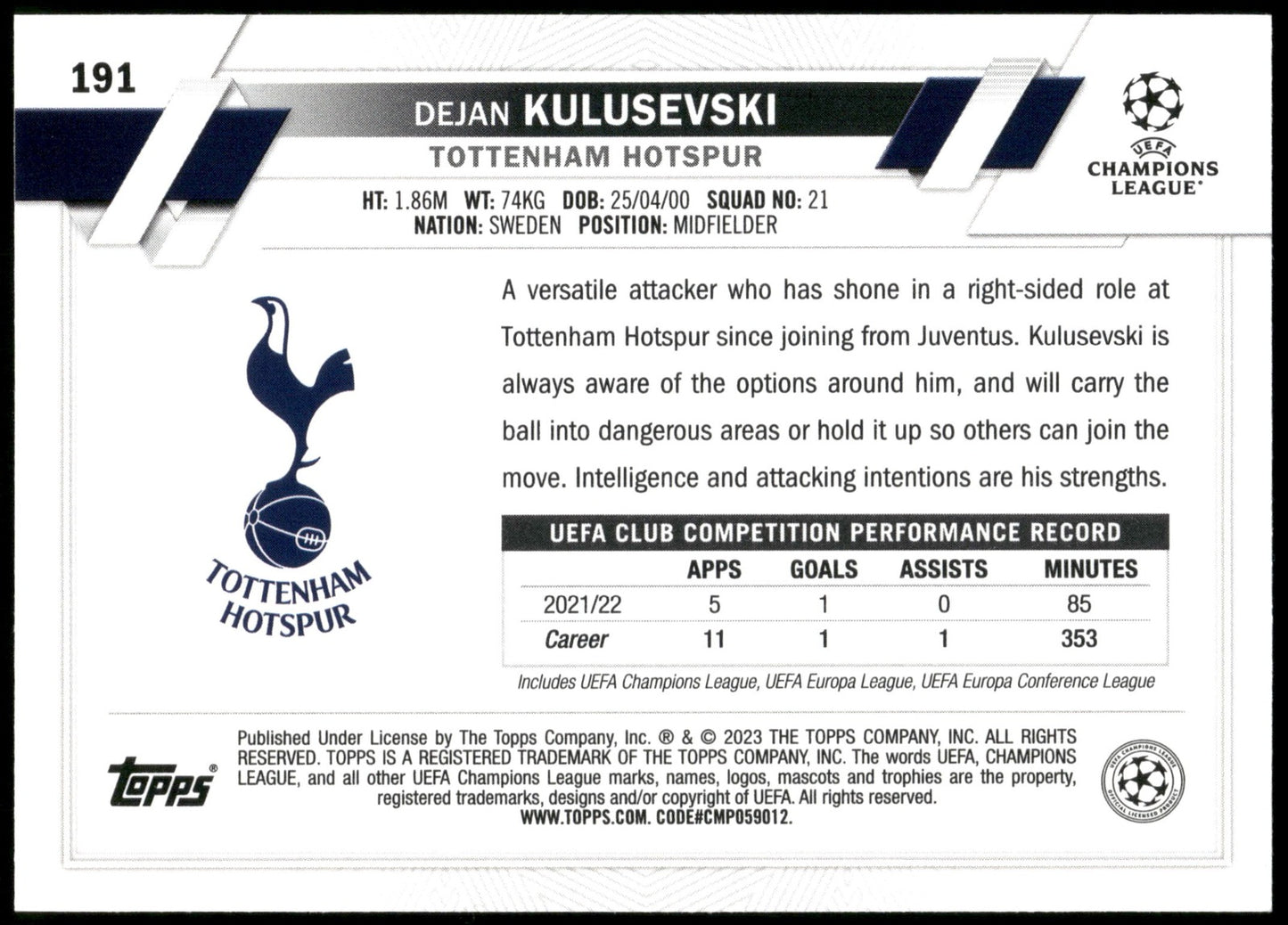 Dejan Kulusevski 2022-23 Topps UEFA Club Competitions 1st Edition 191